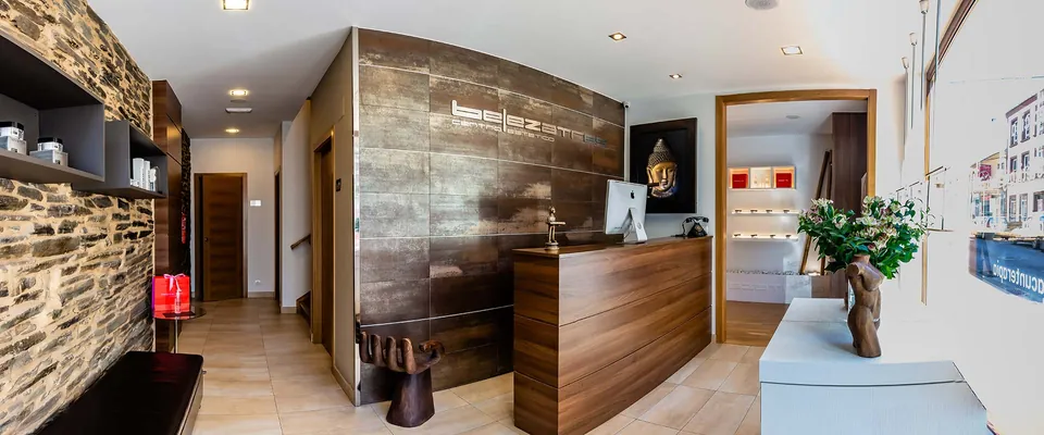 Recepción del centro, con la pared de piedra y el mostrador de madera